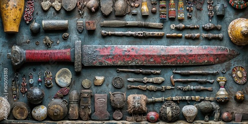 Display of ancient tribal artifacts including skulls, stone weapons, large decorated sword, small tools, gourds arranged on brown fabric background. Generative by AI.