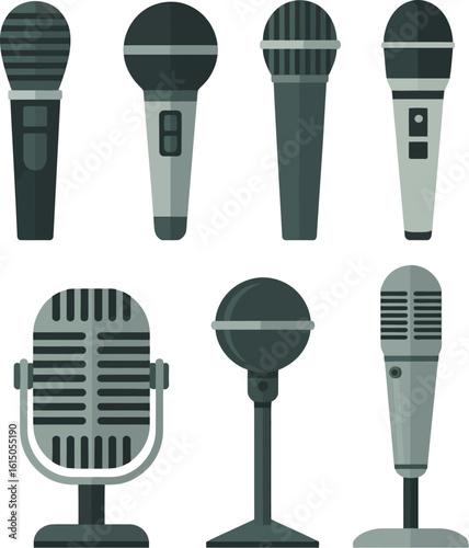 Collection of microphone vector illustrations for podcasting and recording studio use