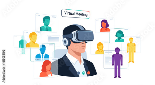 Illustration of a virtual meeting with avatars connected through VR headsets, showcasing the future of remote collaboration and digital communication.