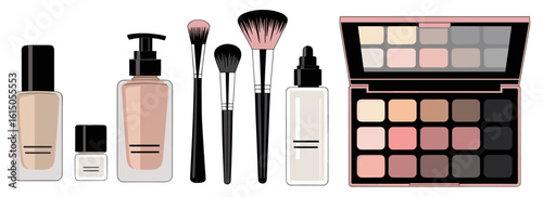 Set of skincare cosmetic products – cream jars, serums, lotion bottles, brushes, eyeshadow palette. Beauty product mockups Flat vector illustration isolated on transparent background.
