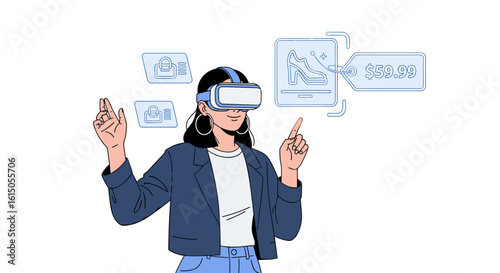 A modern illustration of a woman wearing a virtual reality headset, interacting with digital product displays in a futuristic online shopping experience.