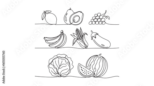 Fruit and Vegetable Line Art Vector Illustration for Healthy Food and Nutrition Designs