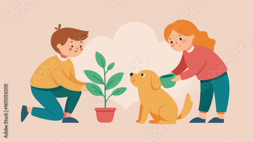 Two kids caring for a potted plant while a dog watches them in a warm outdoor setting