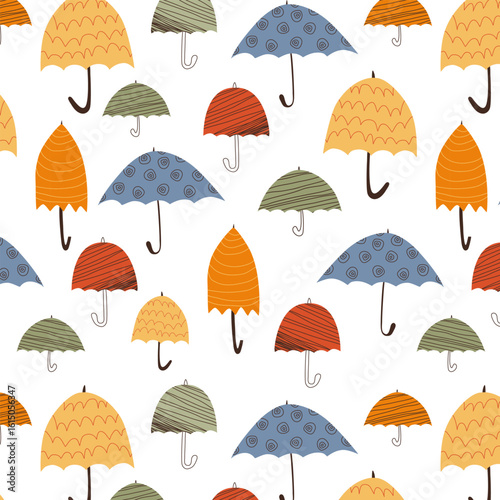 Cute hand drawn autumn umbrellas in doodle style. Autumn seamless pattern for wallpaper, background, paper, wrapping, packaging