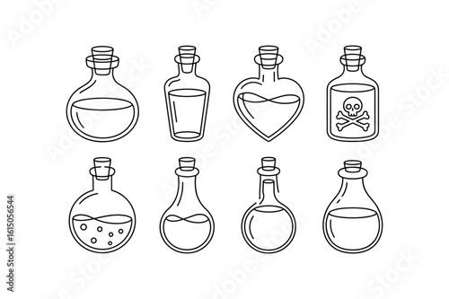 Assorted potion bottles with corks and liquid contents glass skull and crossbones