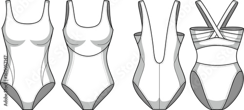 Flat cad vector illustration, one-piece swimsuit fashion design, front and back view, technical sketch swimwear, activewear style template