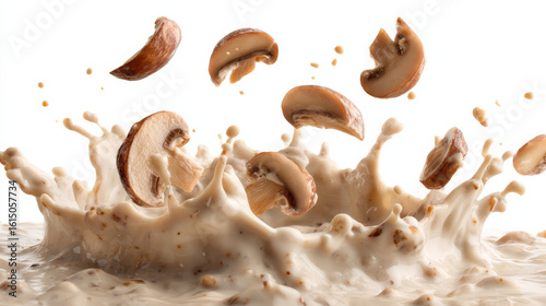 Creamy mushroom sauce splashing with falling champignon slices, isolated against a white backdrop. 