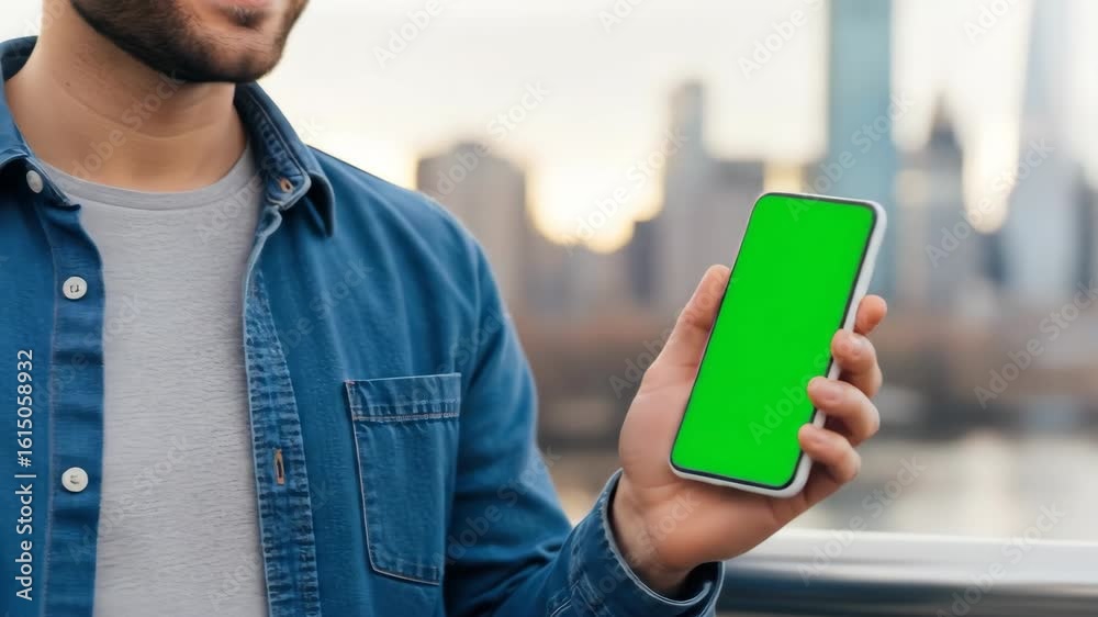 Smiling Man Holding Green Screen Phone in Cityscape, Chroma Key