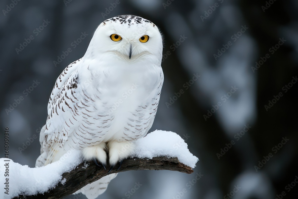 Fototapeta premium Snowy owl sitting on snowy branch isolated