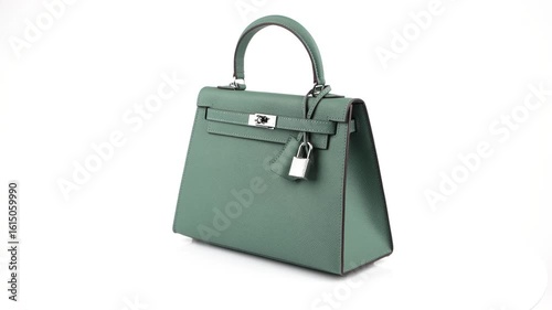 High-quality 360° video of a teal leather shoulder bag with clasp rotating on a white background. Ideal for product display, online store, or stylish fashion content in 4K