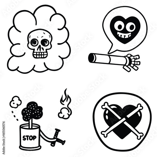 Set of black and white vintage style illustrations of harmful vices