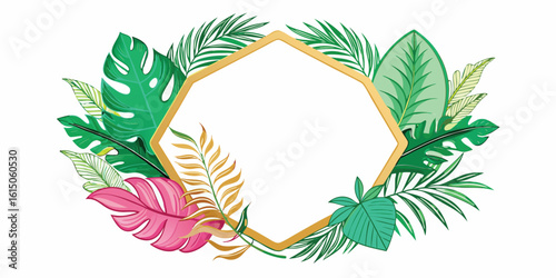 Decorative frame of tropical leaves in watercolor style, highlighting rich greens and fluid forms, free of any textual elements..eps