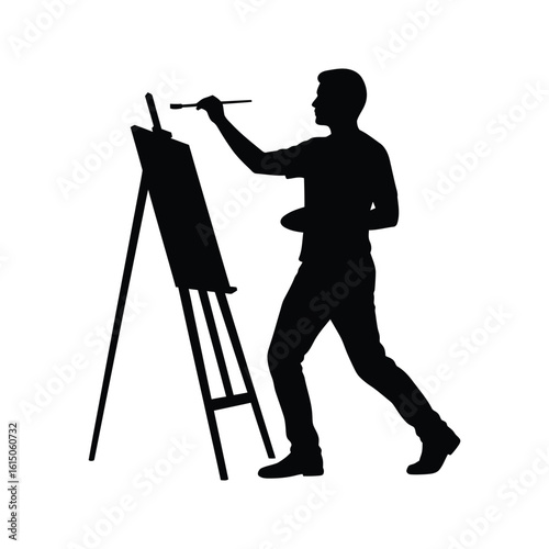 Silhouette of a male artist painting on an easel black and white vector illustration