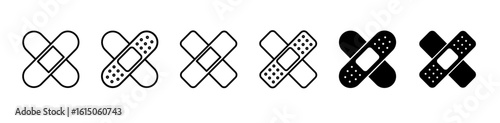 Medical plaster icon set. Bandage, patch symbol. Editable stroke. Vector illustration. 