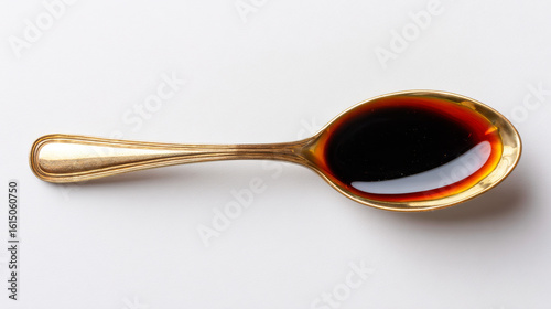 Overhead view of a spoon filled with savory soy sauce, isolated on a white background.