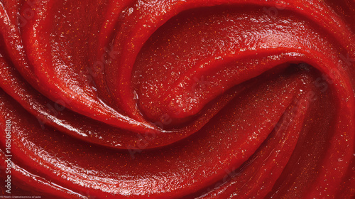Rich texture of tomato paste spreads across the frame, forming a vivid ketchup-style backdrop.