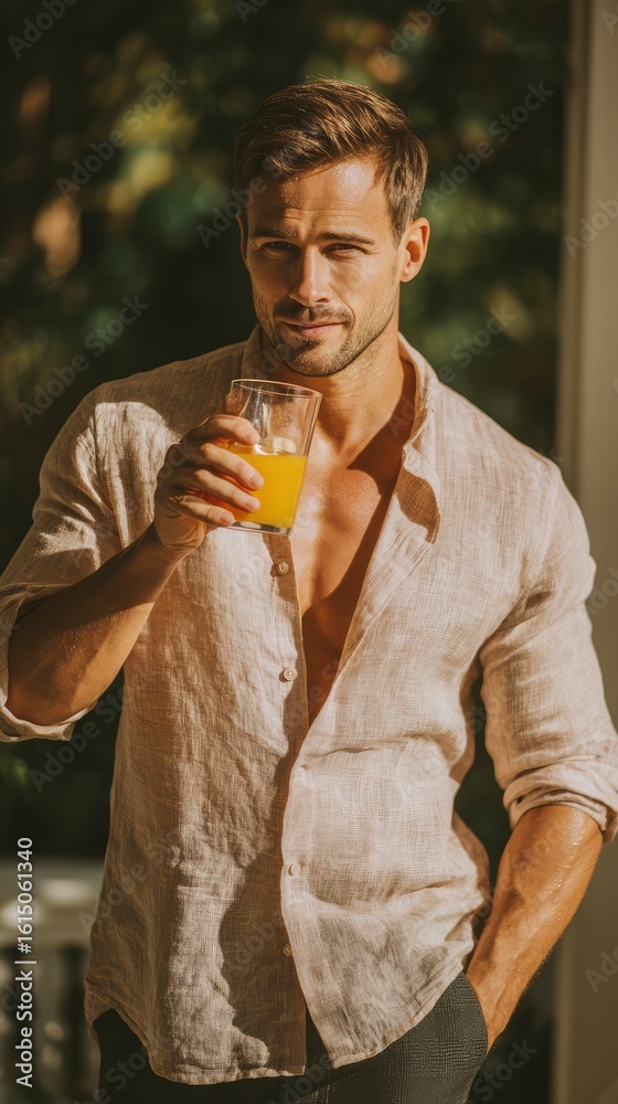 Fototapeta premium Stylish man in a linen shirt sipping orange juice outdoors on a sunny morning, blurred summer garden behind