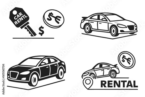 Car Rental Icons with Keys and Currency.