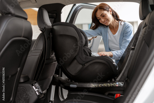 Canvas-taulu Mother Installing Baby Car Seat in Vehicle
