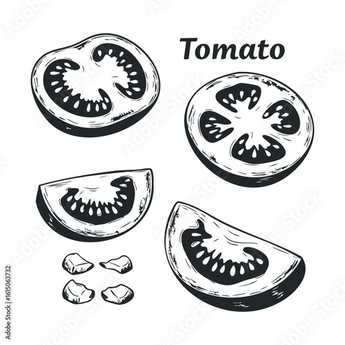 Black and white illustrations of tomato slices and pieces