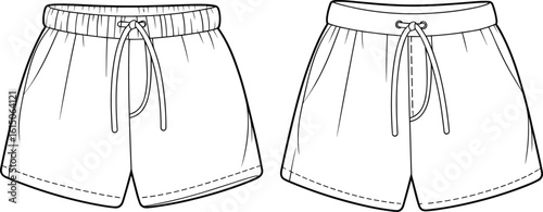 Flat vector technical sketch, women’s drawstring shorts design, front and back view, fashion CAD drawing, apparel template, clothing illustration