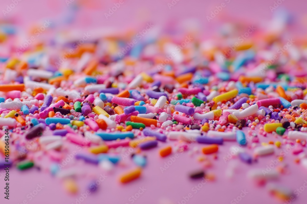 Obraz premium Colorful sprinkles are scattered on a light pink surface, focus is sharp on the foreground