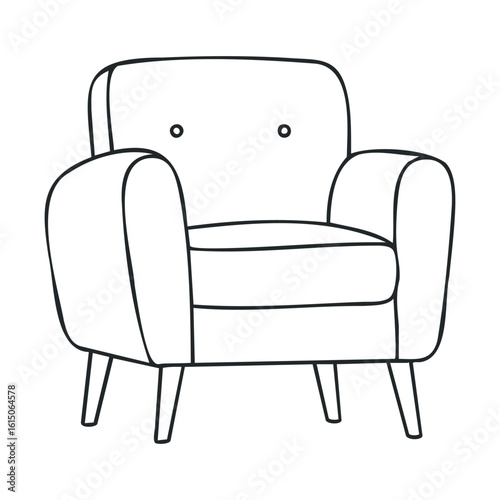 Simple black and white line art illustration of a comfortable armchair