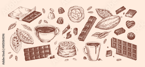 Sketches of cacao beans and chocolate bars set. Cups of coffee, mugs of hot drinks. Drawing cocoa seeds for beverages, desserts, pastry and confections. Hand drawn isolated vector illustrations