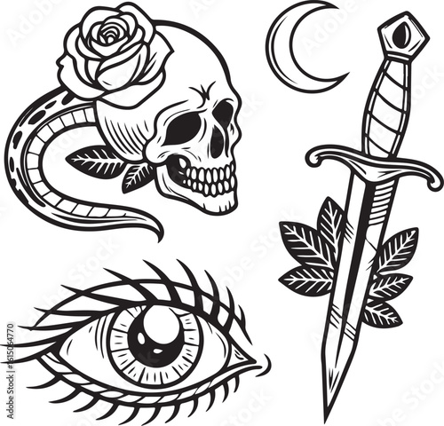 Black and White Traditional Tattoo Style Set with Skull, Snake, Dagger, Rose and Moon Elements
