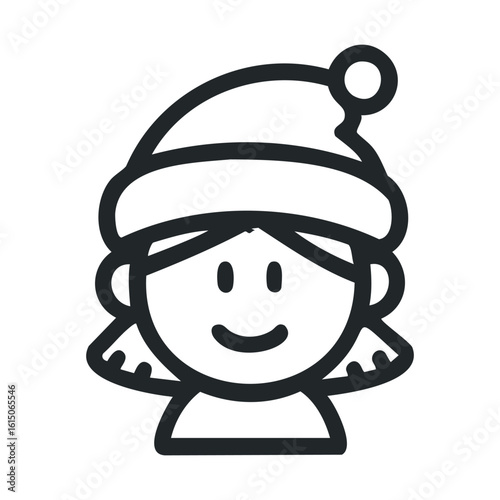 Smiling female child outline icon wearing winter hat in black line art style