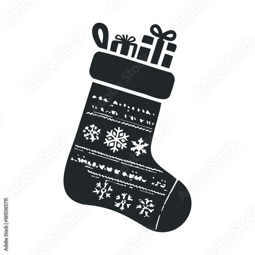 Festive christmas stocking filled with gifts and snowflake patterns