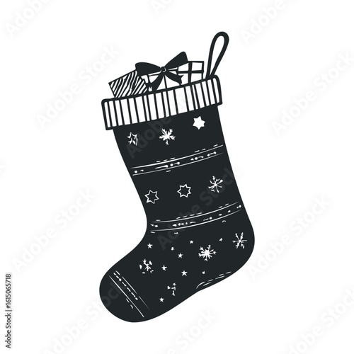 Christmas stocking with snowflakes and gifts design on white background