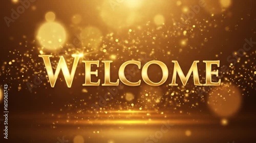 A festive greeting. Bokeh lights adorn the gold text “Welcome”.

