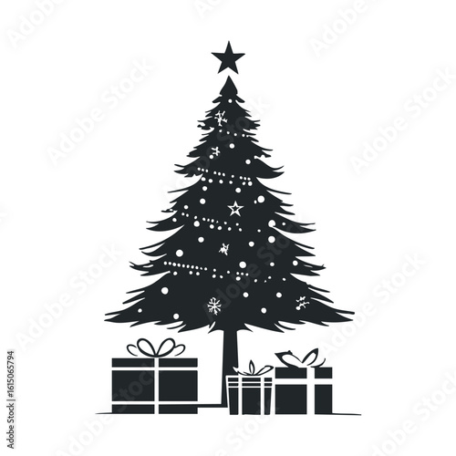 Silhouette of decorated christmas tree with star and wrapped gifts