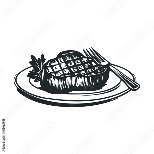 Black and white illustration of grilled steak on plate with fork and greens