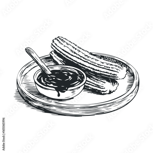 Churros on plate with chocolate sauce sketch: traditional spanish dessert art