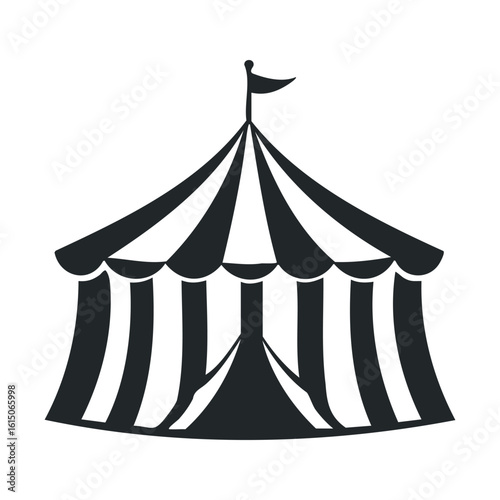 Monochrome circus tent icon with flag on top in vector style