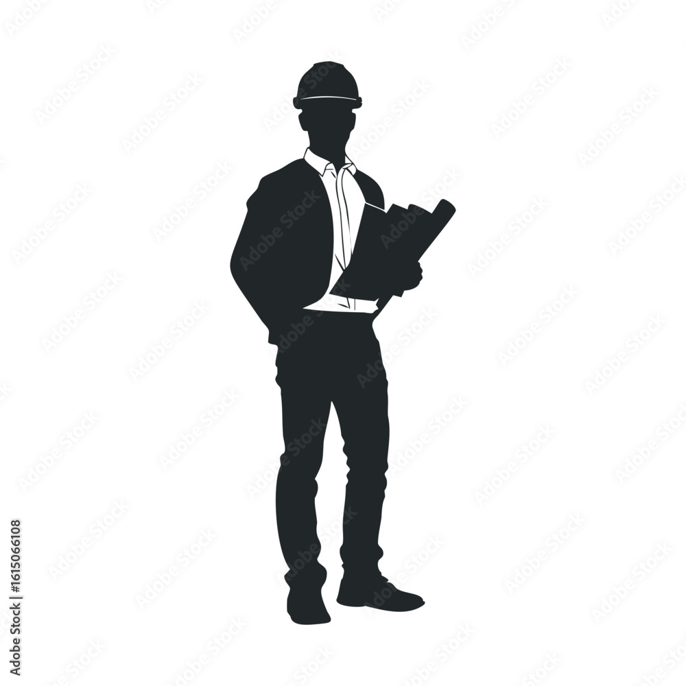 Silhouette of male engineer with blueprints in hand Silhouette of male engineer with blueprints in hand