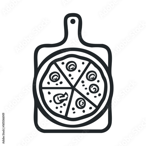 Black and white illustration of pizza on wooden board
