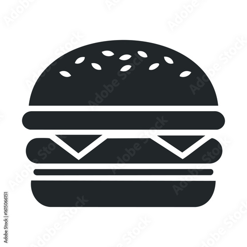 Simple black icon of a classic hamburger with sesame seed bun