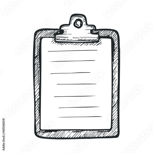 Sketch of a clipboard with papers and lines in simple black ink drawing