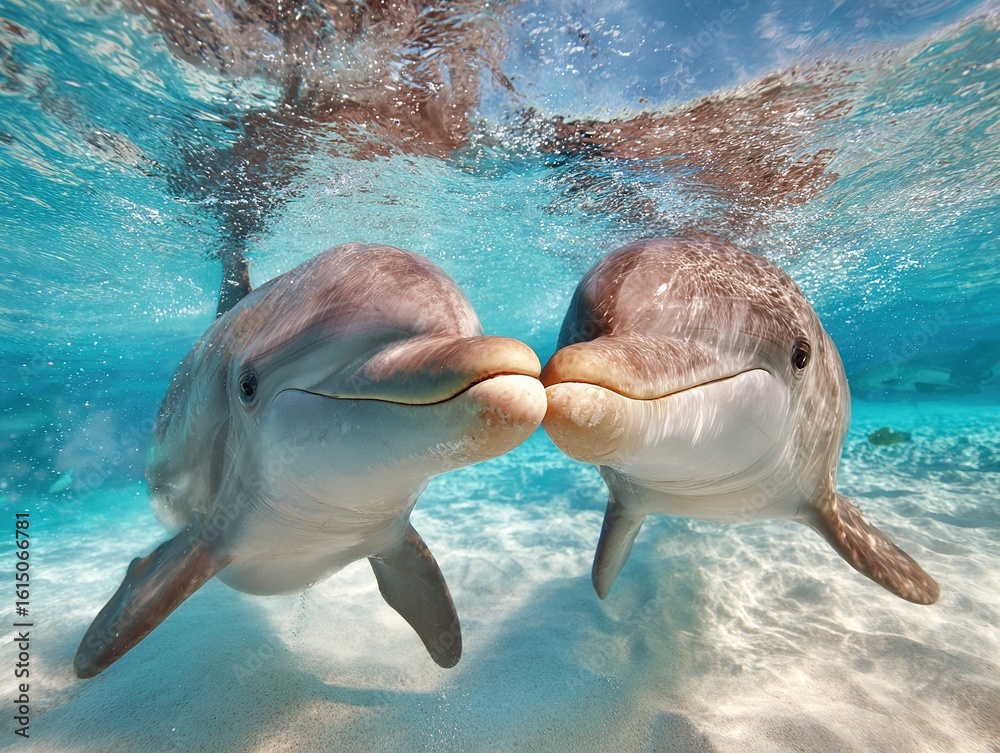 Fototapeta premium Pair of dolphins sharing a playful nose-to-nose interaction in shallow turquoise waters, capturing a tender moment of connection and marine affection