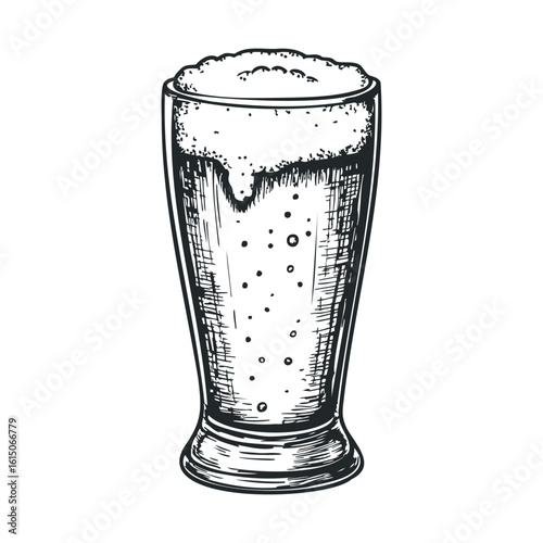 Hand-drawn vintage style beer glass with foamy top