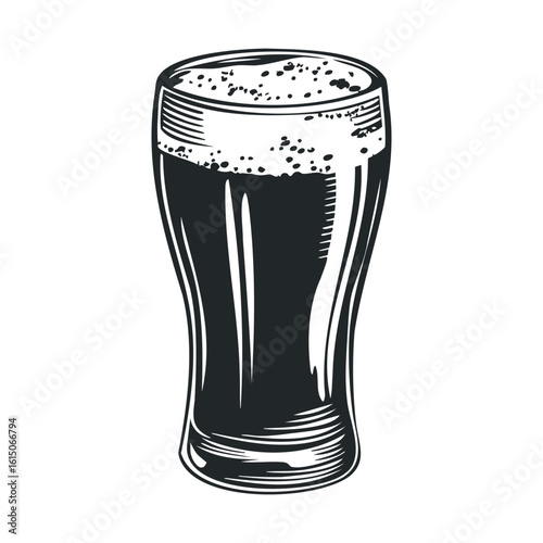 Monochrome illustration of a pint glass filled with frothy beer