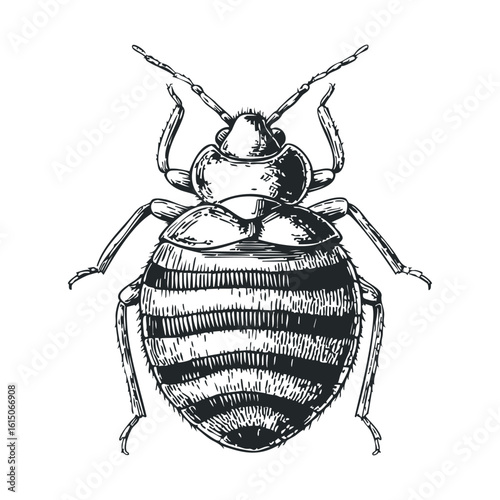 Detailed black and white illustration of bed bug with antennas and striped abdomen