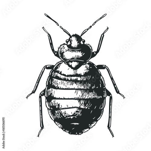 Detailed black and white illustration of a bed bug on white background