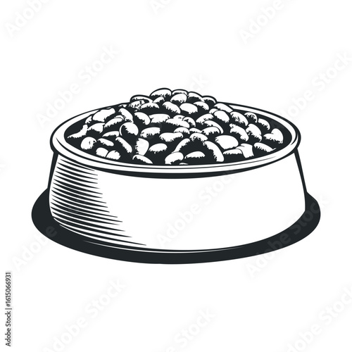 Black and white illustration of a dog food bowl filled with kibble