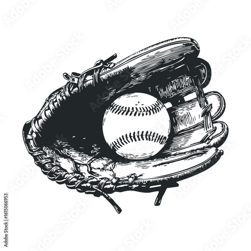Vintage baseball glove with ball illustration in black and white