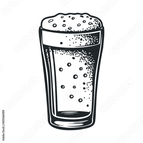Illustrated foamy beer pint glass with bubbles in monochrome style