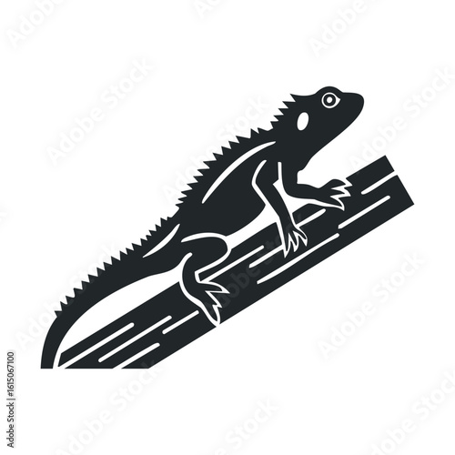 Silhouette of lizard on branch - detailed reptile illustration in black and white